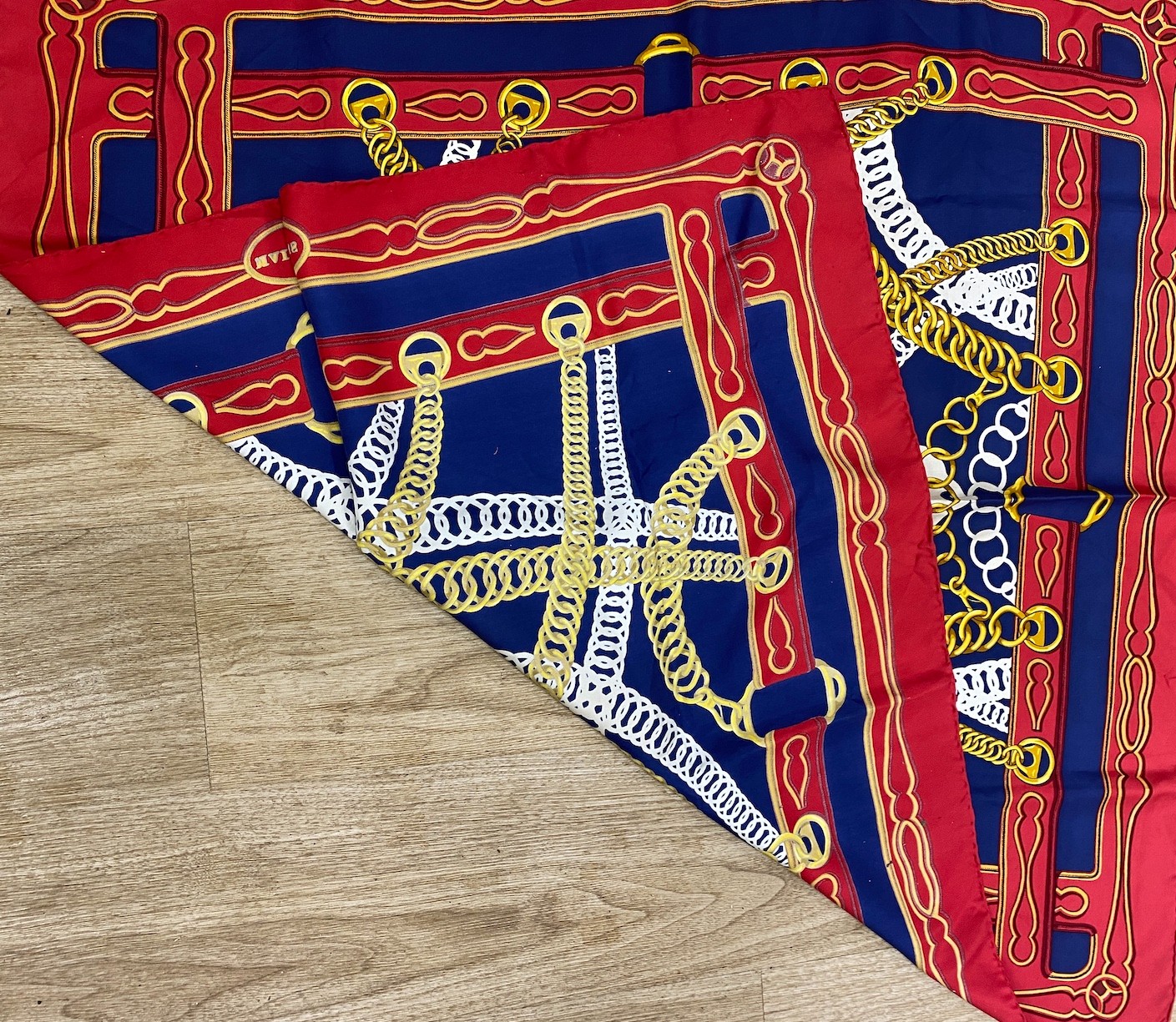 A 1960's Jacques Fath, Paris scarf with original box together with a Hermes Maillon scarf